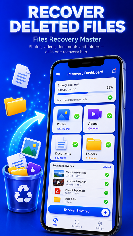 Recovery dashboard interface with file categories
