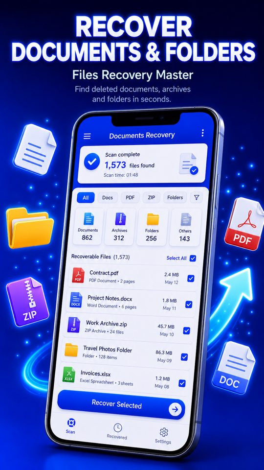 Documents and folders recovery interface